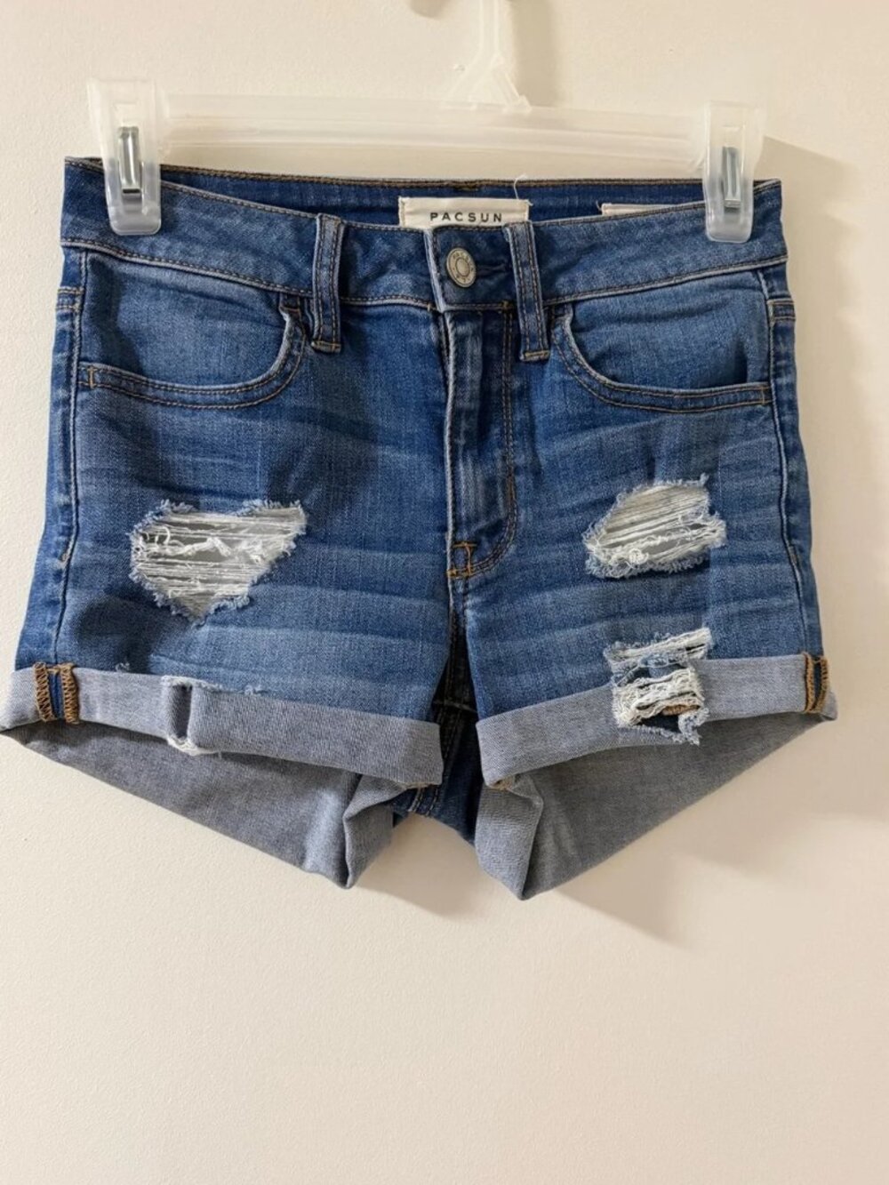 PacSun Denim Shorts Womens 23 Blue Like New Distressed Rolled Hem Super Stretch